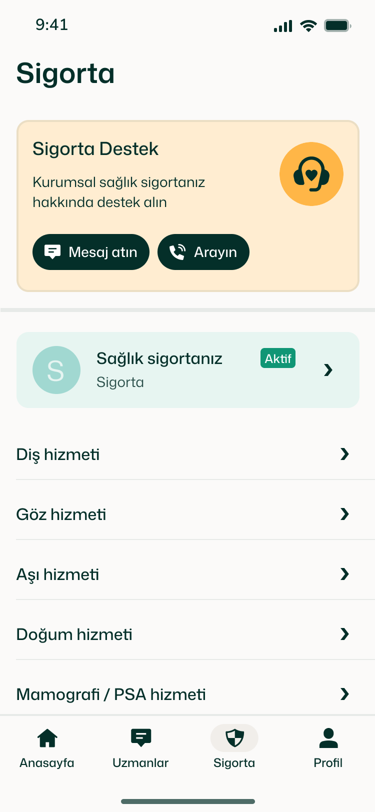Heltia uygulamasındaki sigorta ekranı